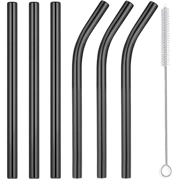 Reusable Smoothie Straws & Milkshake Straws 0.4" Wide Mouth Straw, Set of 6 Stainless Steel Straws 8.5"&10.5" with 1 Long Straw Cleaner Brush，Black Metal Straws for Jumbo Thicker Drinks