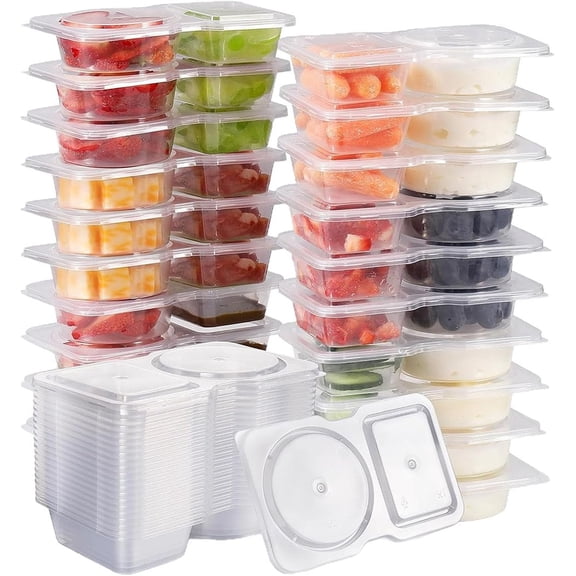 Reusable Snack Containers, 2 Compartment Condiment Containers with Lids for Lunch Camping Travel, Leak Proof Portion Control Food Storage (20pcs 2 Compartment Dipping Container)