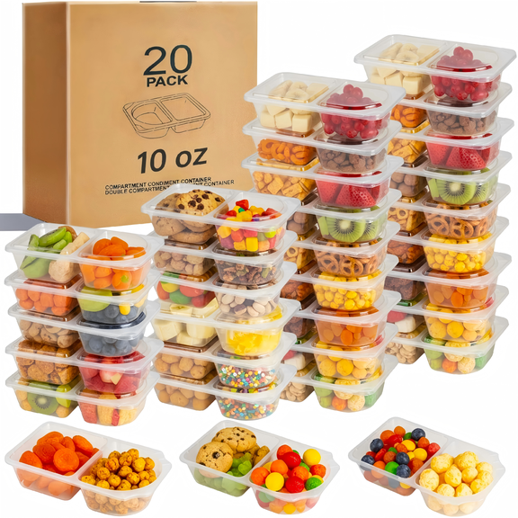 Reusable Snack Containers 20 Pack with Lids, 10oz Double Compartment Snack Pack Containers, Portion Control Meal Prep Boxes for Travel Work Gym On the Go