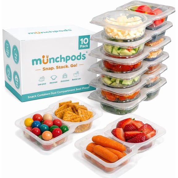Reusable Snack Containers with Lids 10 Pack (20 Pieces) Portion control, Snack Pack Containers 2 Double Compartment Snack Containers for Kids On the Go Meals, Camping Snack Tray Prep
