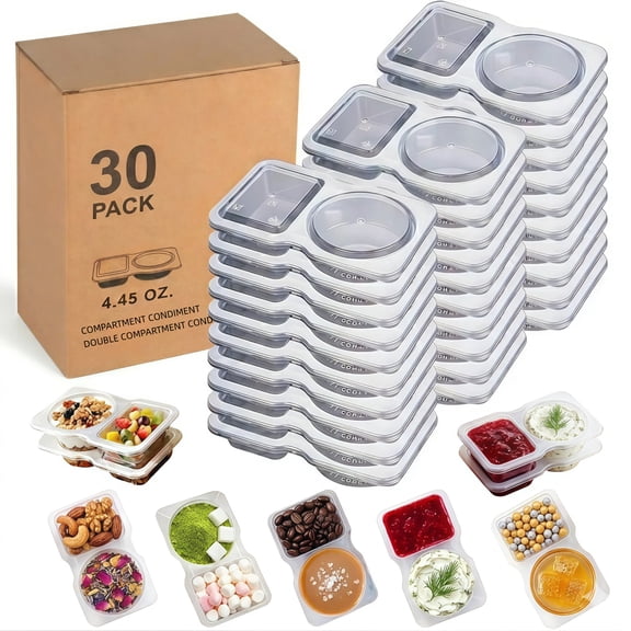 Reusable Snack Containers with Lids 30 Pack, Portion Control Containers, Snack Pack Containers 2 Double Compartment Snack Containers for Kids On the Go Meals, Camping Snack Tray Prep, BPA-Free