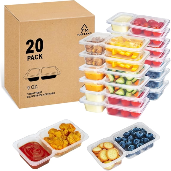 Reusable Snack Containers with Lids, 9 oz Double Compartment Plastic Snack Pack Containers Portion Control Meal Prep Snack Boxes BPA Free 20 Sets for Work Travel School