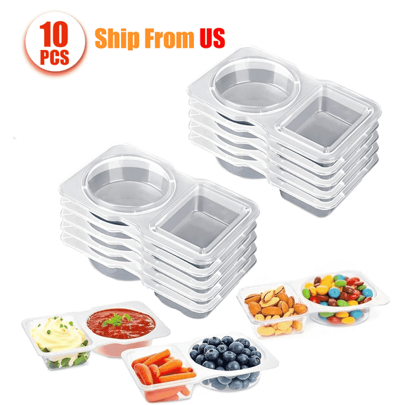 10PCS Reusable Snack Containers with Lids, Reusable Snack Pack Containers for Take-out Sauces, Snack Containers for Kids, Double Compartment Condiment Container with Lids,Snackle Box Container
