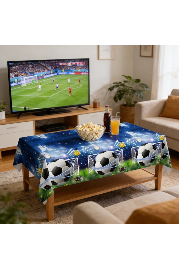 Reusable Soccer Stadium Tablecloth 54"x108" - Heavy Duty Plastic Table Cover - 2026 Global Soccer Tournament Decor - Wipeable Blue Pitch Design