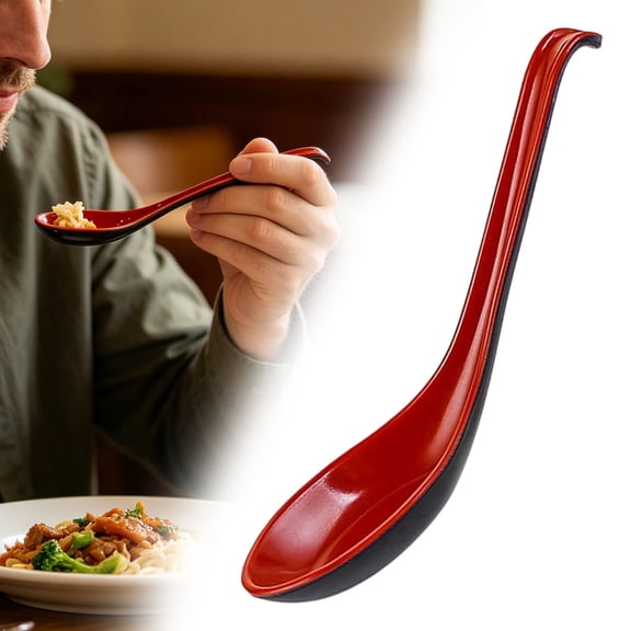 Reusable Soup Spoon, Noodle Soup Spoon with Hook, Imitation Porcelain Plastic Long Handle, Red
