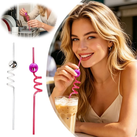 Reusable Spiral Curly Disco Ball Drinking Straw Set of 3 Colorful Plastic Sipping Tubes Retro Party Decor Accessory for Cocktail Iced Coffee Halloween Bar Gathering