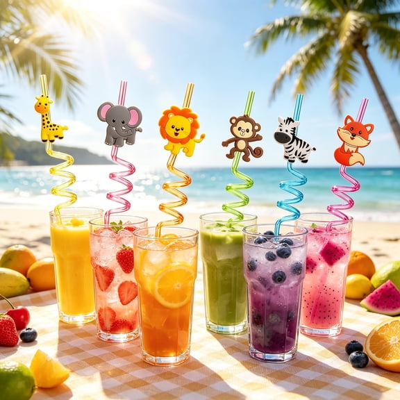 Reusable Spiral Drinking Straws, Animal Style Plastic Straw with Spring Top for Birthday Party Favors and Daily Beverage Use (8-Piece Set)