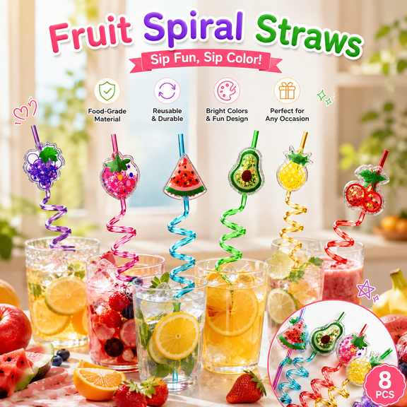 Reusable Spiral Drinking Straws, Fruit Pattern Plastic Straw with Spring Top Design for Summer Themed Parties and Daily Refreshment (8-Piece Set)