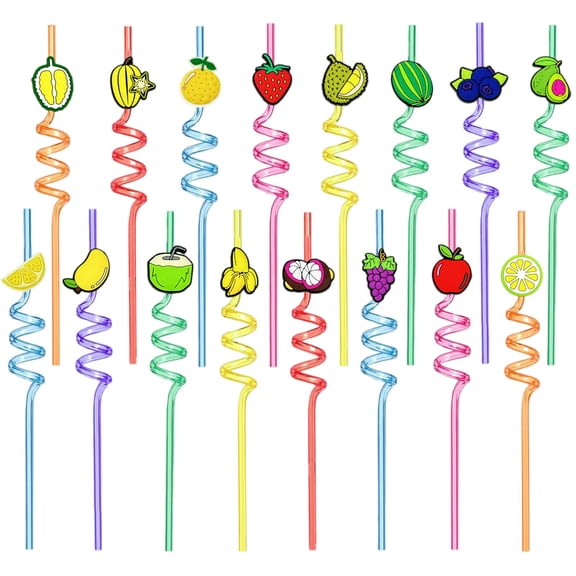 Reusable Spiral Drinking Straws with Fruit Shaped Decorations BPA Free Plastic Twisty Straws for Party Supplies and Everyday Use 16 Pack