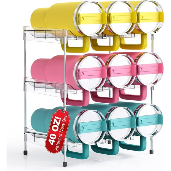 Reusable Stackable with Handle Compartment Water Bottle Tumbler Organizer for Stanley 40oz with Handle Cup, Stanley Accessories for Pantry, Cabinet & Kitchen Organization and Storage,3 Tier Hold 9