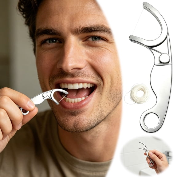 Reusable Stainless Steel Dental Floss Holder with Keychain Loop, Portable Zero Waste Oral Care Tool, Includes 1 Roll of Dental Floss, Eco-Friendly Floss Pick for Travel and Home Use