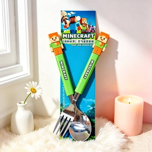 Reusable Stainless Steel Dinner Spoon Fork Combo With Pixel Style Figure Grip, Portable Durable Flatware Cutlery Set For Travel Picnic Household Daily Meals