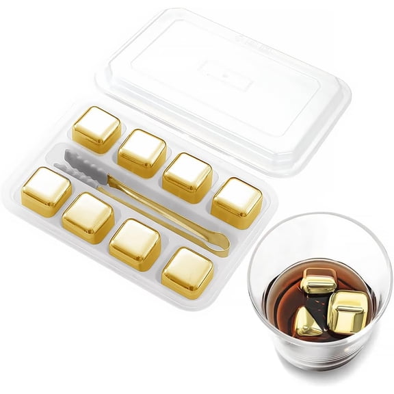 Reusable Stainless Steel Ice Cubes, 8 Packs Metal Whiskey Stones Chilling Rocks, Reusable Ice Cube for Whiskey, Vodka, Beverage Chilling Stones, Gold