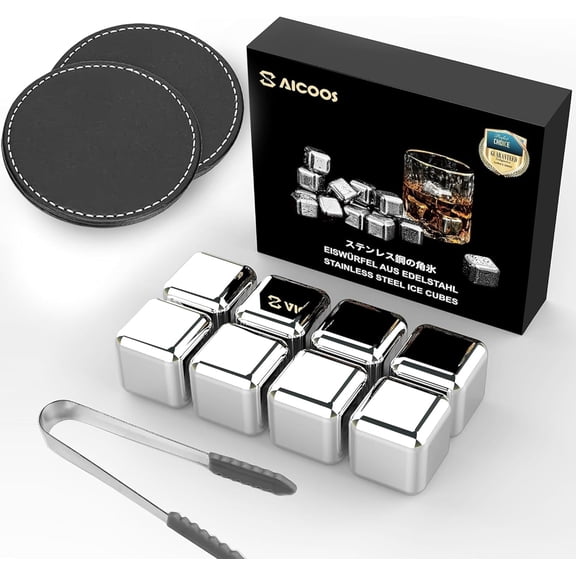 Reusable Stainless Steel Ice Cubes for Drinks - Metal Whiskey Stones, High Cooling Technology, for Whiskey, Vodka, Liqueurs, Wine, Beverage Juice or Soda, 8 Pack