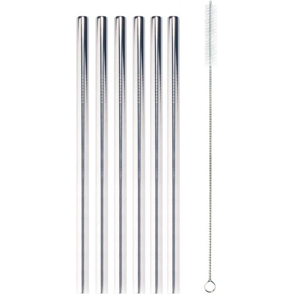 Reusable Stainless Steel Metal Drinking Straws - 8.5" Thick Straight Straws w/ 1x Cleaning Brush - 6 Pack