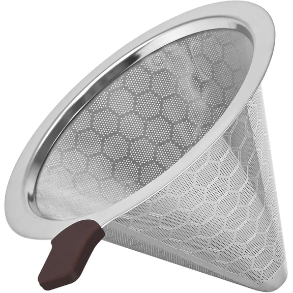 Reusable Stainless Steel Pour Over Coffee Filter Cone, Dual-Mesh Metal Dripper Compatible with Hario V60 02-Style Brewers, Paperless Fine Mesh, Easy to Clean