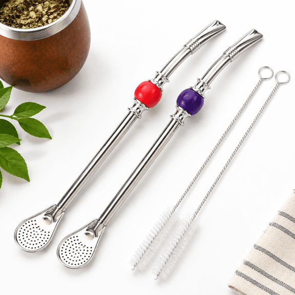 Reusable Stainless Steel Yerba Mate Bombilla Straws, Red and Purple, with Removable Head Filter