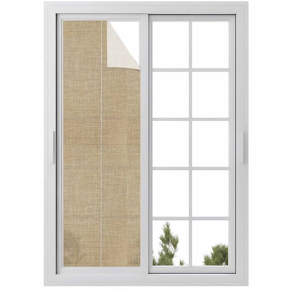 Reusable Static Cling Window Tints, Beige Window Privacy Film Frosted, Farmhouse Burlap Solid Brown Color Modern Linen Texture Heat Control Windows Films for Offices, Balcony, 29.5 x 118 Inches