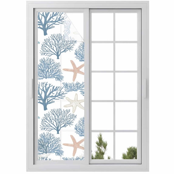 Reusable Static Cling Window Tints, Light Blue Coral Coastal Window Privacy Film Frosted, Summer Beach Starfish Shell Heat Control Windows Films for Offices, Balcony, 29.5 x 118 Inches