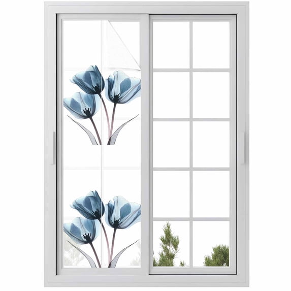 Reusable Static Cling Window Tints, Navy Blue Tulip Window Privacy Film Frosted, Watercolor Farmhouse Floral Botanical Heat Control Windows Films for Offices, Balcony, 29.5 x 118 Inches