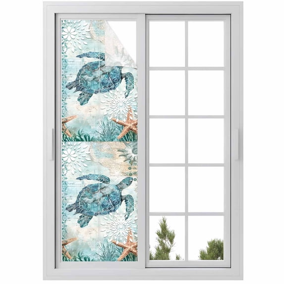 Reusable Static Cling Window Tints, Teal Sea Turtle Coastal Window Privacy Film Frosted, Nautical Summer Beach Starfish Heat Control Windows Films for Offices, Balcony, 29.5 x 118 Inches