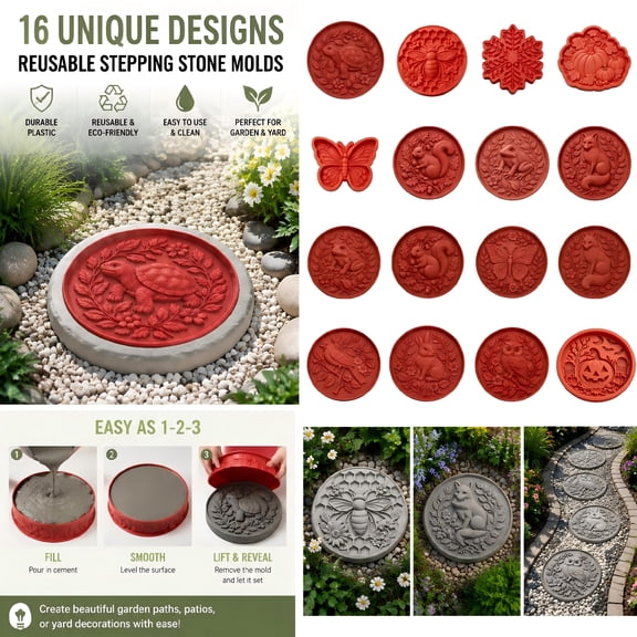 Reusable Stepping Stone Molds for Concrete Garden Path Maker DIY Cement Mold for Yard Walkway Patio Lawn Decoration 16 Unique Animal Floral Designs