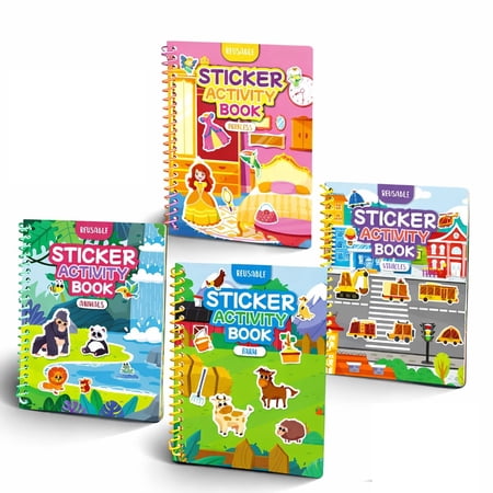 Reusable Sticker Activity Book Set for Kids Ages 3+ | 4 Educational Themes | Travel-Friendly Hands-On Activity Book