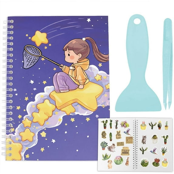 Reusable Sticker Book Collecting Album A5 with Tweezer and Scraper Blank Stickers Release Paper Sticker Books Keeper Holder Organizer Saver Purple Clear Plastic Cover for Storage Labels Mixed Color