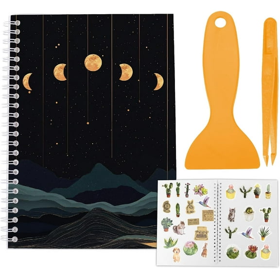 Reusable Sticker Book Collecting with Tweezer and Scraper Blank Stickers Album Keeper Holder Notepads Labels 40 Sheets Release Paper Moon Phase Mountain Cover Waterproof