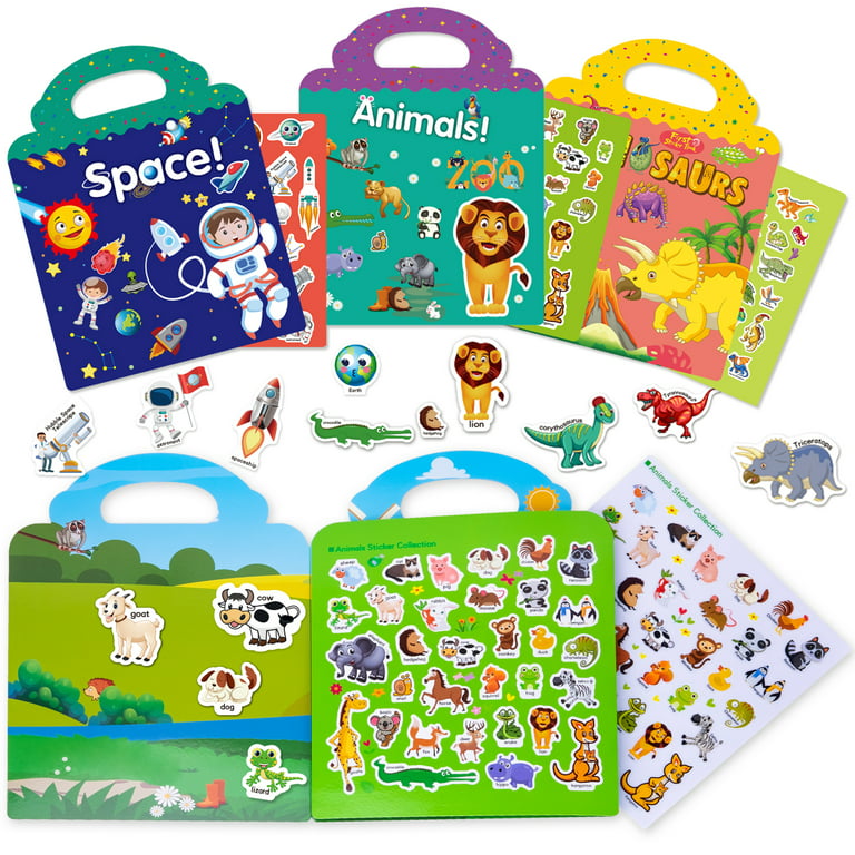  Sticker Books for Kids 2-4, 4 Sets Reusable Sticker Book  Dinosaurs, Vehicle, Zoo and Dream Jobs Activity Travel Removable Sticker  Books for Girls Boys Educational Learning Toys Birthday Gifts : Everything  Else