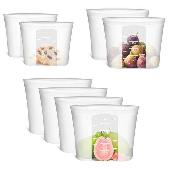 8-Pack Reusable Silicone Food Storage Bags, 100% Silicone Stand-Up Wide-Open Zip-Lock Reusable Storage Bags for Food, Freezer Microwave Oven Dishwasher Safe, Translucent, 4L 2M 2S