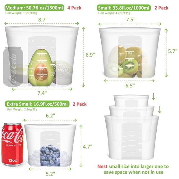 Reusable Storbag 8 Pack Silicone Food Bags Stand Up Zip Lock For Container Freezerwave Oven Dishwasher Safe 4 Medium 2 Small 2 Extra Translucent