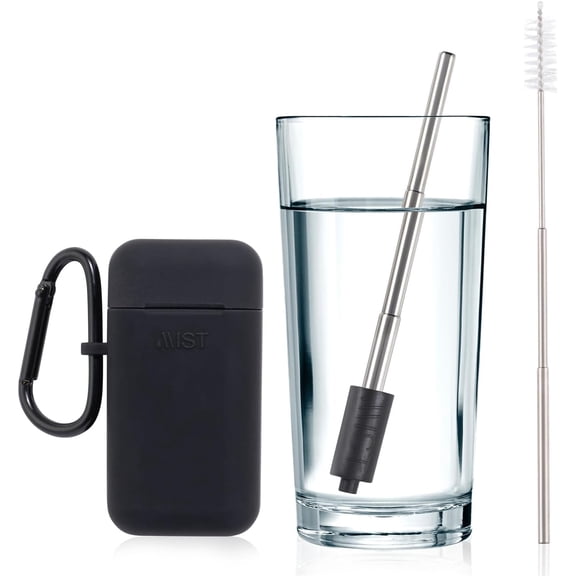 Reusable Straw, Collapsible Reusable Metal Water Filtering Straw Removes Chlorine & Odor, BPA-Free, Portable, Stainless Steel, Filter Straw With Carry Case, Brush, Travel-Friendly, Black