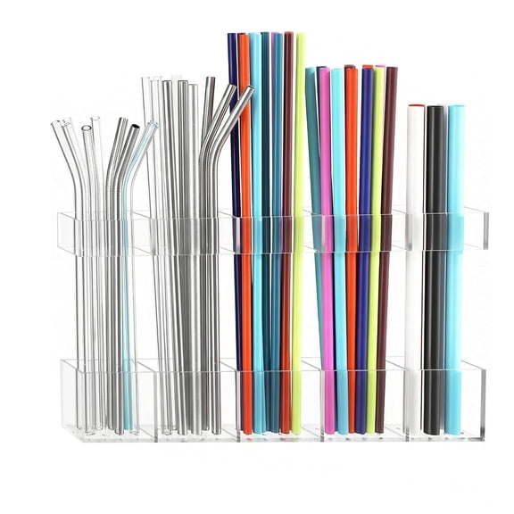 Reusable Straw Organizer for Kitchen, Cabinet Door Mount Storage Holder with Drainage Holes, Transparent Acrylic Container for Counter Wall Fridge