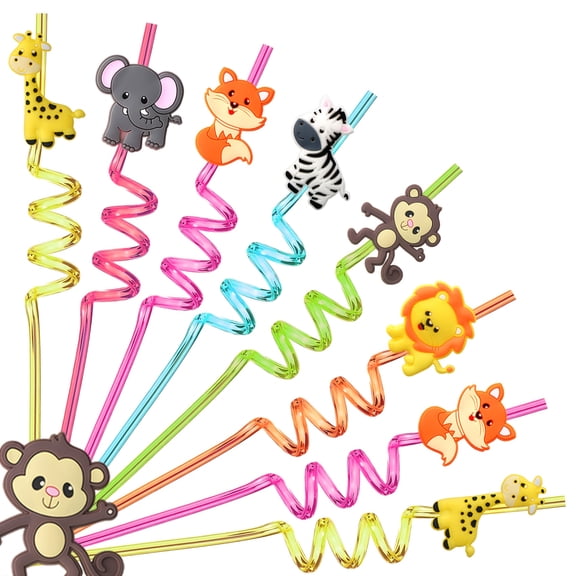 Reusable Straws with Cartoon Animal Designs, 8PCS Spiral Drinking Straws for Party Supplies and Daily Use, Colorful BPA-Free Plastic Straws, 8-Pack Style B#203