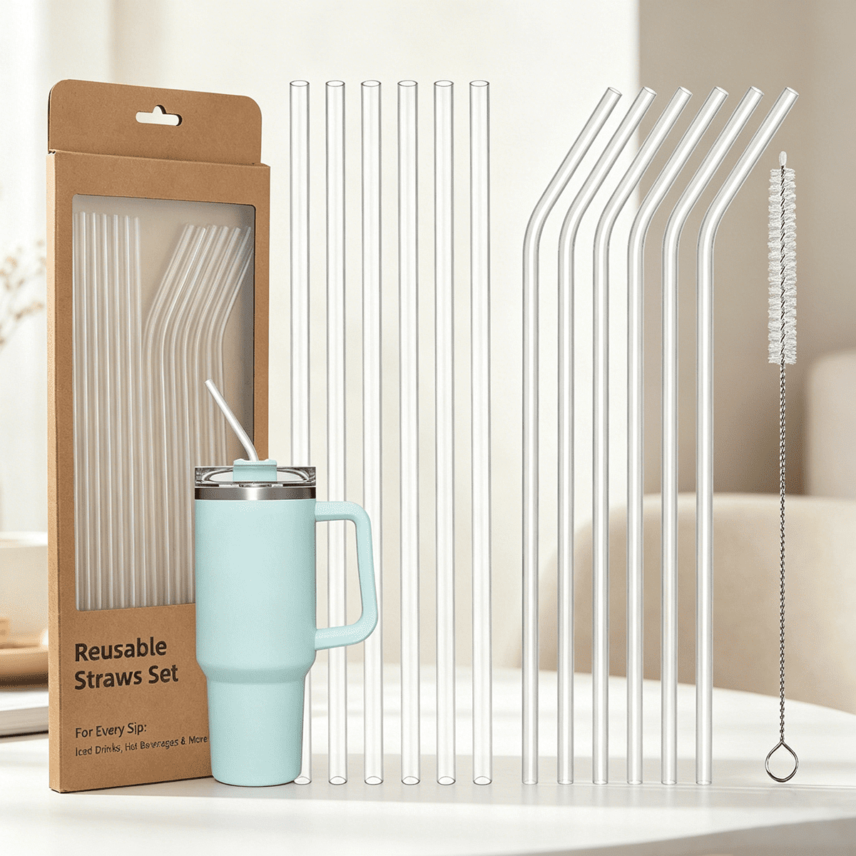 Reusable Straws Compatible with Stanley/Yeti Cup Tumbler, Plastic Clear Bend Replacement Straws with Cleaning Brush for Smoothies, Milkshakes, Dishwasher safe