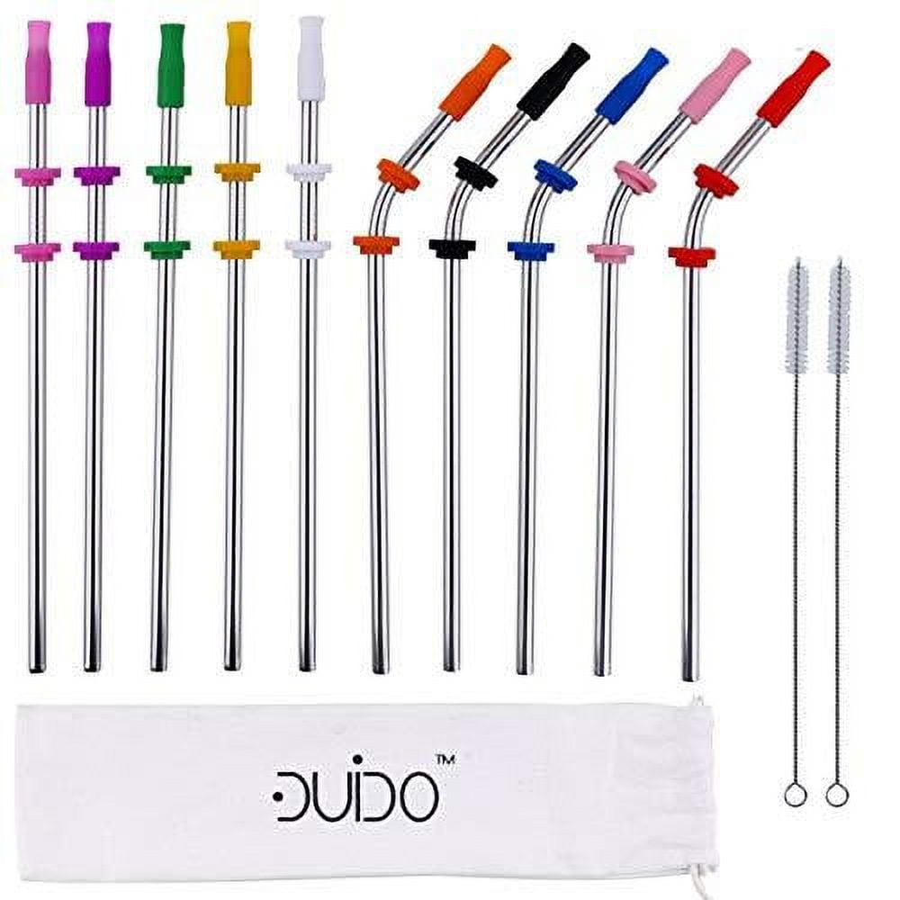 ExcelSteel 020A2 10 PC Reusable Powder Coated Stainless Steel Straws w/ Cleaning Brushes