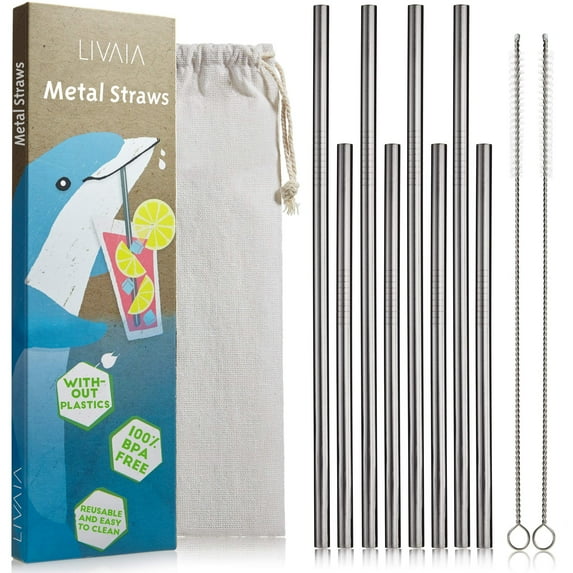 Reusable Straws with Case: 8 Stainless Steel Straws with Straw Cleaning Brush in 2 Sizes – Metal Straws Reusable Stainless Steel – Metal Straw LIVAIA
