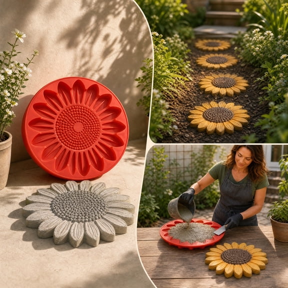 Reusable Sunflower Stepping Stone Mold, 15.7'' Round Stepping Stone Molds, DIY Garden & Walkway Decoration, Cement Molds for Concrete, Sunflower Paver Mold,Concrete Casting Mold, Sunflower