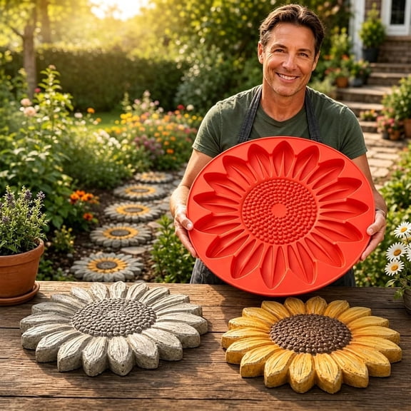 Reusable Sunflower Stepping Stone Mold,Round Concrete Stepping Stone Molds for Garden Walkway,Cement Casting Mold for Patio Lawn and Outdoor Pathways,DIY Garden Craft Project (B)