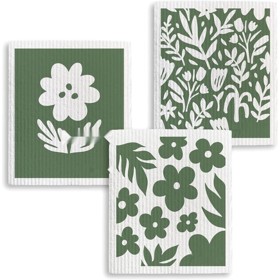 Reusable Swedish Dishcloths 3-Pack, Floral Print, 7 W x 8 L, Washable, Absorbent, 100% Biodegradable, Odor & Stain Resistant, Eco-Friendly Paper Towel Alternative Kitchen