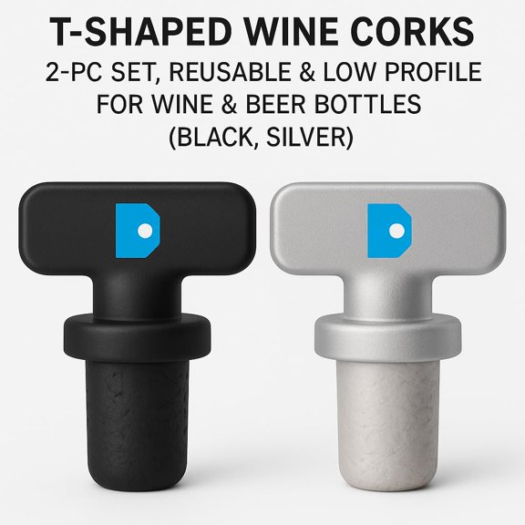 Reusable T-Shaped Wine Corks 2-Piece Set for Beer Bottles and DIY Crafts, Low Profile Black and Silver Stoppers, Durable Bottle Reclosure Accessories for Home Brewing and Craft Projects 5527656AS