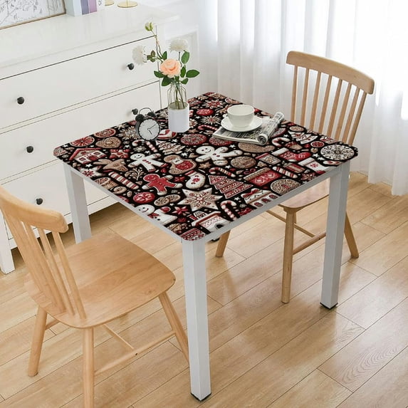, Reusable Table Cloth Round Fitted Vinyl Tablecloth with Elastic Edged for Parties Outdoors, Cute Christmas