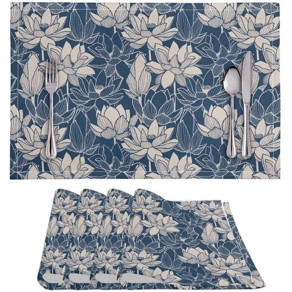 Reusable Table Place Mats 4 Pieces, Anti-Skid Oil-Proof Woven Vinyl PVC Insulation Black Placemat for Dining Table Patio Kitchen Decor, Blue Lotus Flower