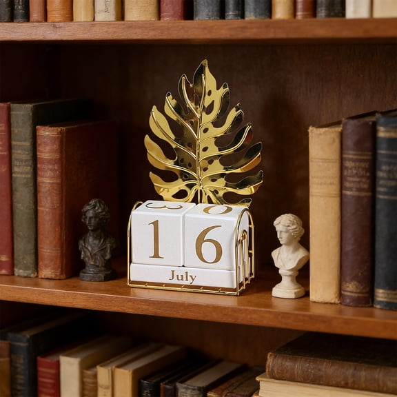 Reusable Tabletop Calendar, Metal and Wood Perpetual Date Display, Functional Office Desk Organizer and Home and Workspace Decor(Multicolor)