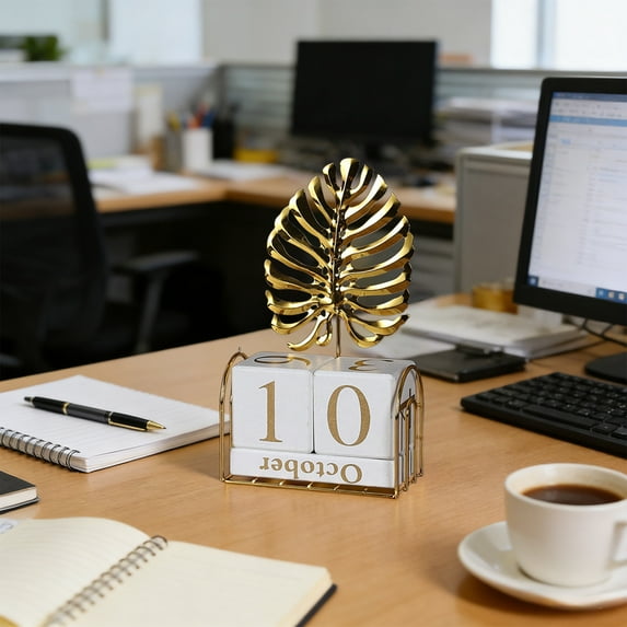 Reusable Tabletop Perpetual Calendar Ornament, Combination Iron Wood Desktop Decoration, Multicolor Building Block Design, 8.07x4.72in, Home Office Decor