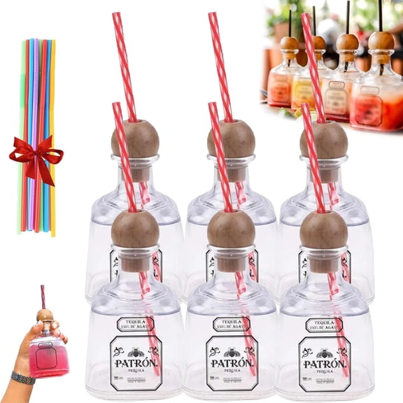Reusable Tequila Bottle with Straw, 13oz Acrylic Patron Cups Empty for Drinks, 375ml Clear Shot Mini Plasti Bottles, Champagne Bottles Party Gifts for Champagne, Wine, Alcohol, Tequila