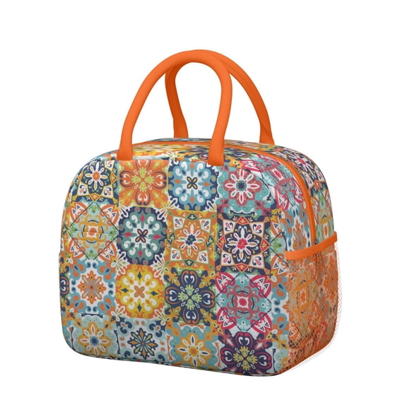 Reusable Thermal Lunch Bag - Hippie Retro Style Insulated Lunch Box, Lightweight & Portable, Splash-Proof & Easy to Clean (Abstract Geometric)