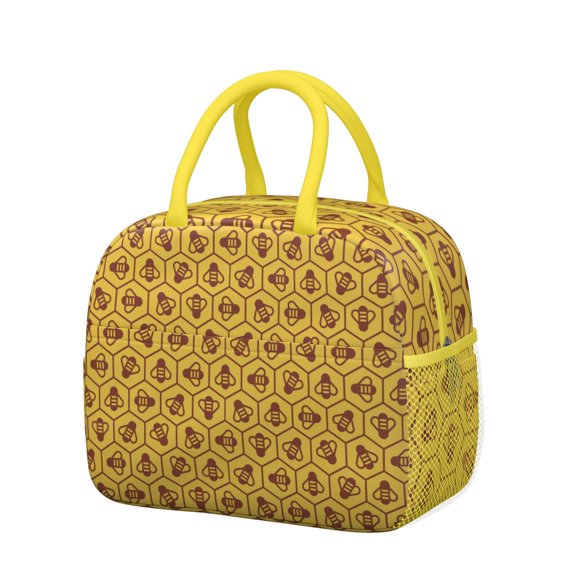 Reusable Thermal Lunch Bag with Yellow Bee and Hive Pattern, Insulated Cooler Tote for Workplace Women, Students, and Outdoor Activities