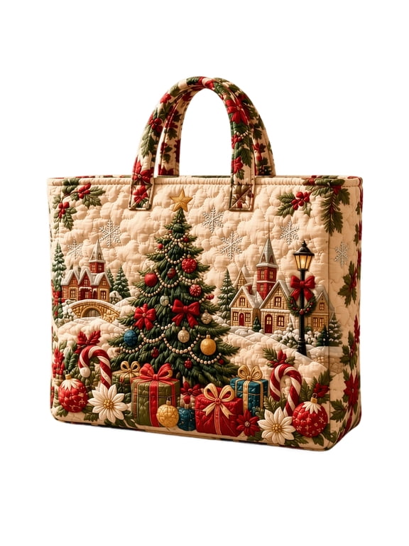 Reusable Tote Bag with Vintage Christmas 3D Print, 15 X 14 X 4 Inches, Cream Quilted Canvas, for Women Holiday Shopping
